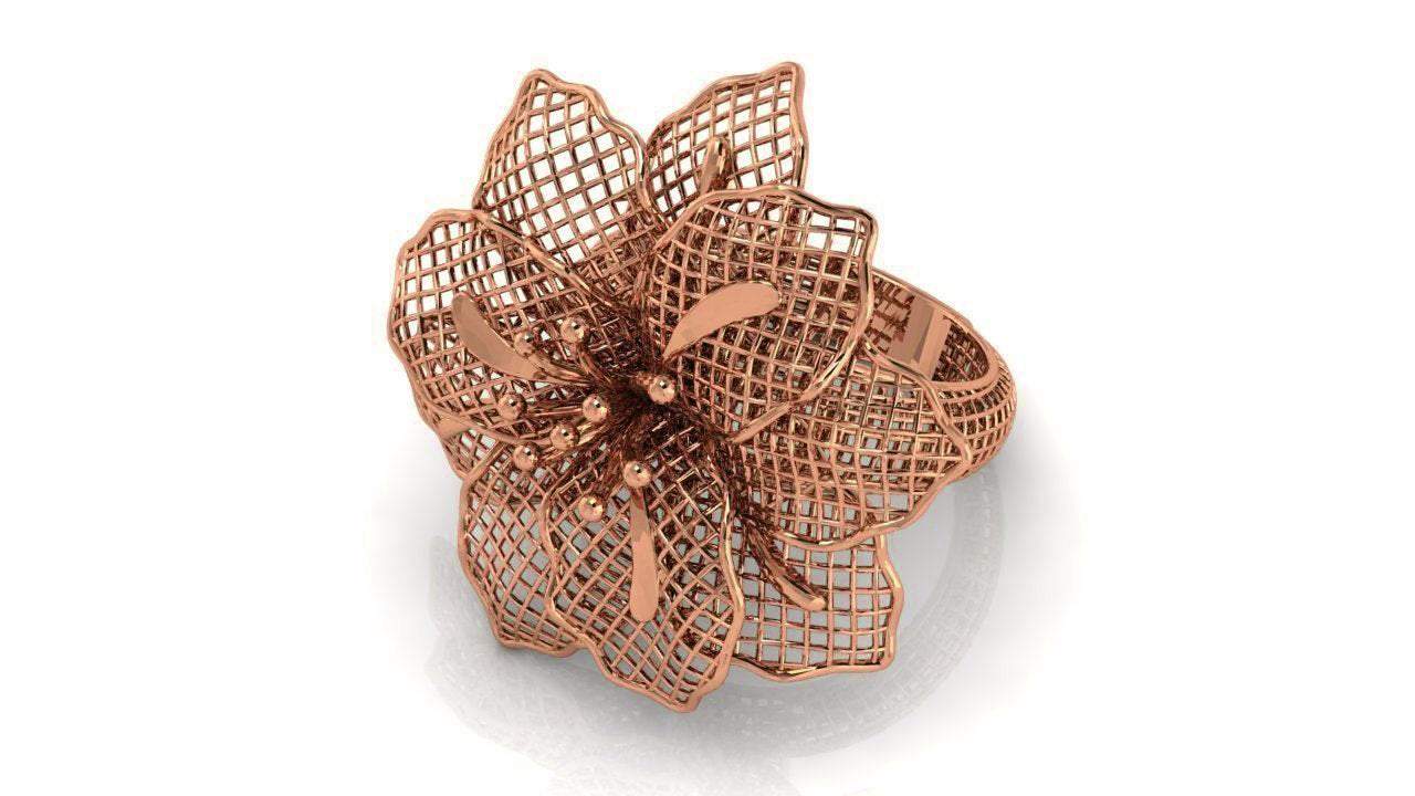 18K Rose Big Flower Filigree Ring Leaves Floral ring Huge Flower Engagement Ring Big Ring Trellis Ring - Lianne Jewelry