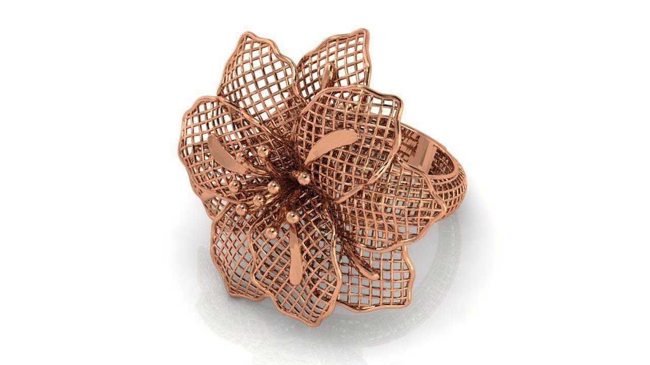 18K White Gold Big Flower Filigree Ring Leaves Floral ring Huge Flower Engagement Ring