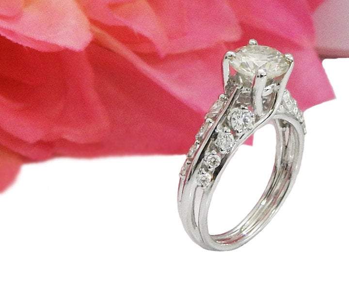 Moissanite Ring Engagement Ring Stackable Ring Diamond ring moissanite unique ring with F VVS diamonds on the sides made in 18K White Gold - Lianne Jewelry