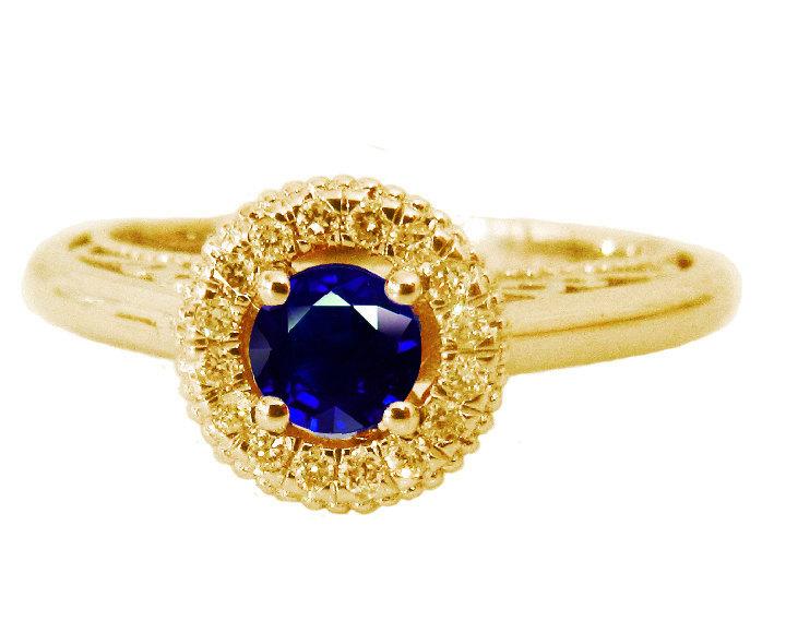 Gold ring Sapphire Ring Halo Engagement Ring 18K Gold with D-E VVS Diamonds