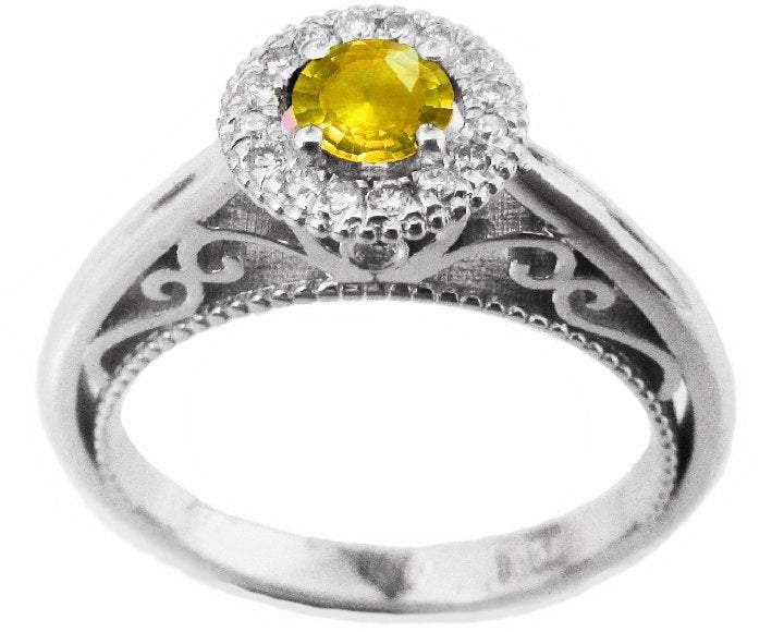 Vintage Gold ring Yellow Sapphire Ring Halo Engagement Ring 18K Gold with D-E VVS Diamonds