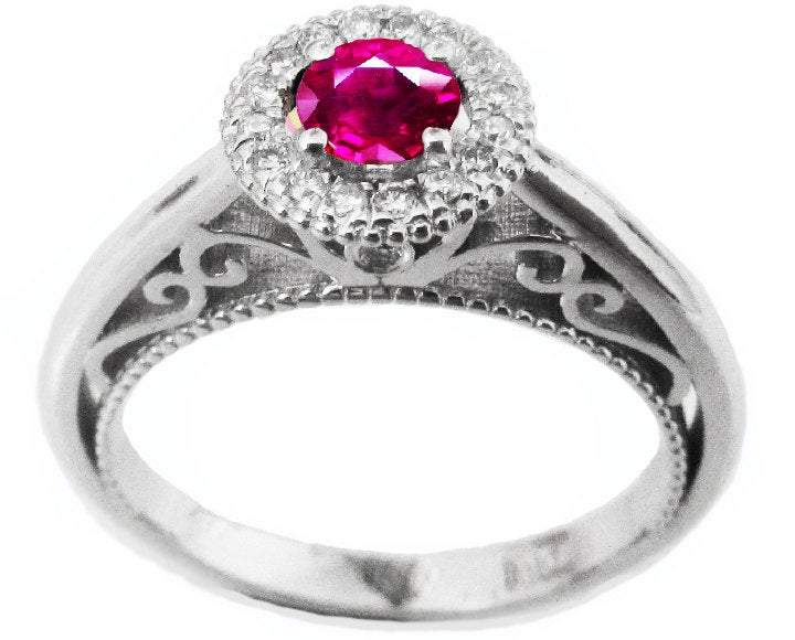 Gold Ring Pink Sapphire Ring Halo Engagement Ring Red color 18K Gold with D-E VVS Diamonds - Lianne Jewelry
