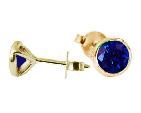 Round Blue Halo Stud Earrings Sapphire Bezel Stud Earrings 14K Gold Earrings 4mm