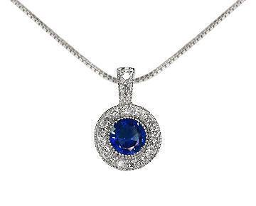 Pendant Sapphire Pendant Necklace 14K Yellow or White gold Round Halo Pendant Top quality Sapphire and Diamonds