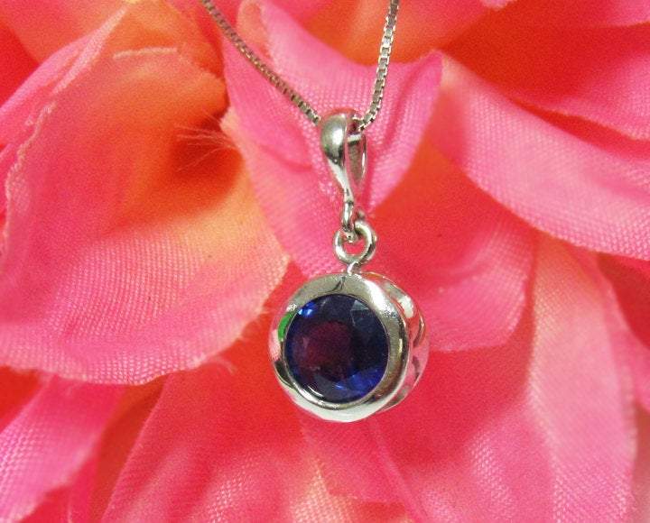 Sapphire Circle Pendant, Blue Pendant, Royal Blue, 14K White gold pendant, September Birthstone, Engagement Gift