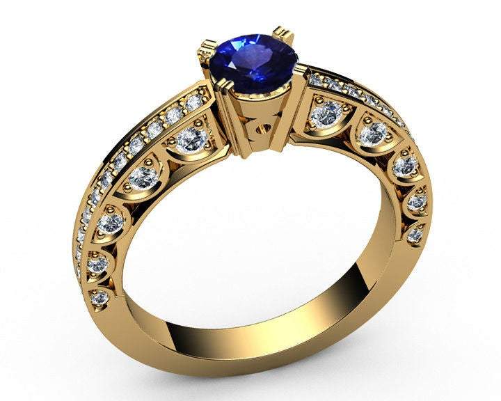 Unique Ring Engagement Ring Diamond Ring Blue Sapphire Bella channel-set pavé half moon trellis crafted in 18K White gold
