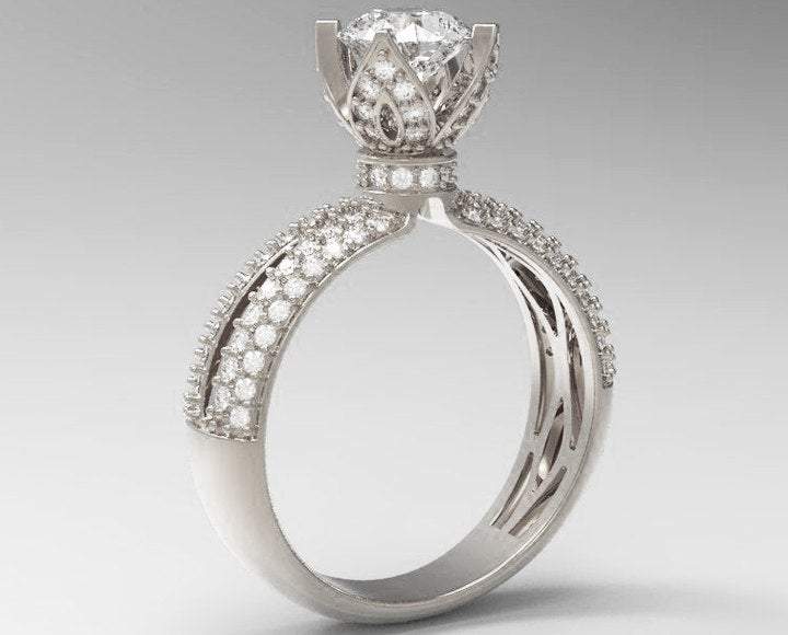Filigree Solitaire Crown Setting 18K White Gold ring Unique Engagement Ring with Princess Split Shank Pave setting Ring - Lianne Jewelry