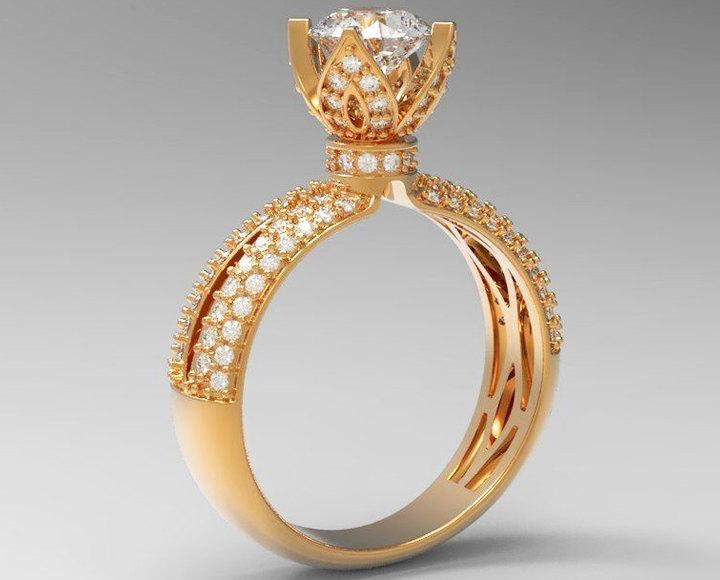 18K Rose Gold Filigree Crown Ring High Setting Unique Engagement Ring with Princess Split Shank Pave setting Ring
