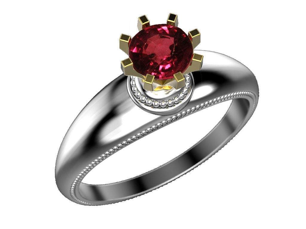 2-Tone Solitaire Ruby Engagement ring, 18K Gold, 8 prongs Ring - Lianne Jewelry