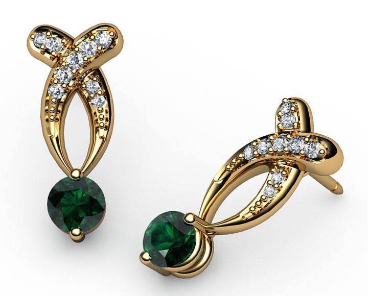 Twisted Earrings Emerald Studs, Bypass Diamond Earrings 14K Gold