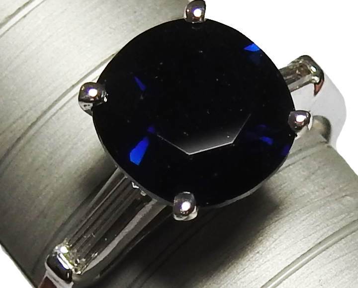 3 Stone Vintage Sapphire ring 8mm round Dark Sapphire flanked by 2 tapered baguette diamonds Gorgeous ring in White Gold - Lianne Jewelry