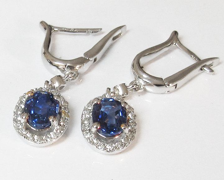 Lever back Vintage Earrings Oval Sapphire surrounded Diamonds Birthday Gift Woman Earrings Edwardian Earrings Drop earrings 14K White Gold