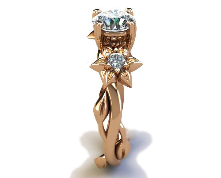 Brutalist ring Moissanite ring Art Nouveau unique engagement ring Solid Gold Flower design in Rose gold