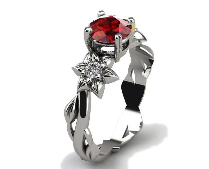Filigree ring Gold ring Asian Ruby Ring Art Nouveau unique Engagement ring Solid Gold Flower design in White gold - Lianne Jewelry