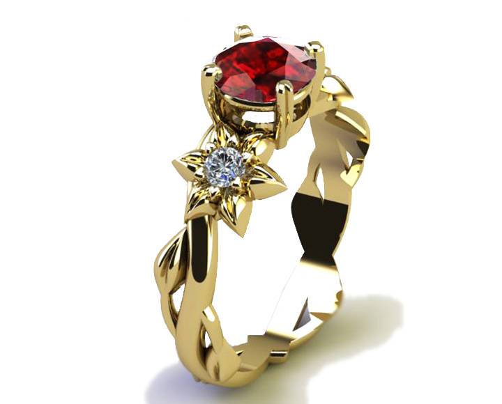 Filigree ring flower ring Asian Ruby Ring Art Nouveau unique Engagement ring Solid Gold Flower design in Yellow gold