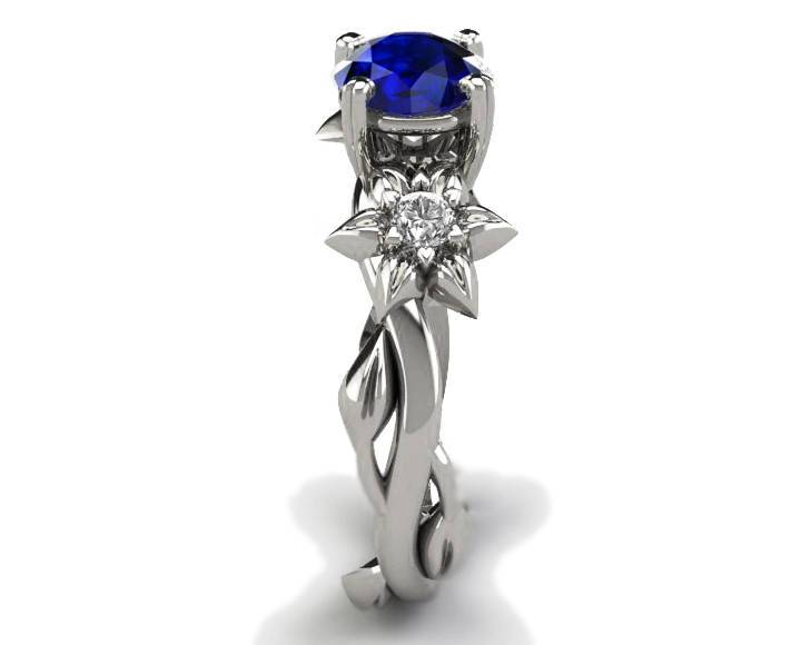Blue Sapphire Engagement Ring Mother to be Ring Promise Ring Art Deco Floral ring Solid Gold  Flower design 14K or 18K White gold