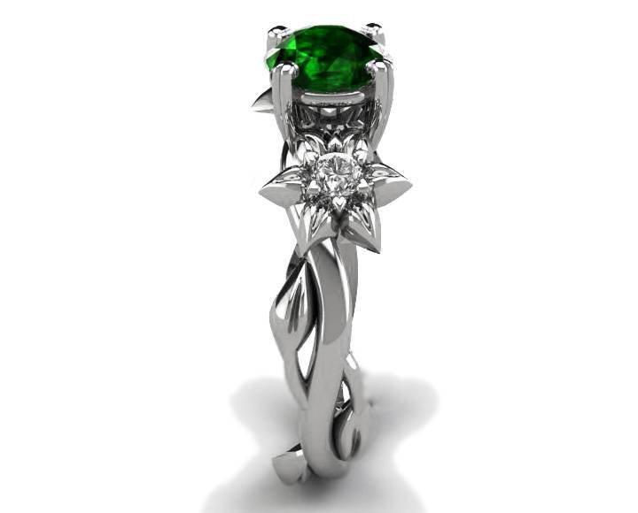 Filigree ring Gold ring Emerald Ring Art Nouveau unique Engagement ring Solid Gold Flower design in White gold