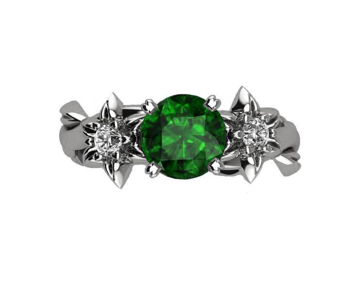 Filigree ring Gold ring Emerald Ring Art Nouveau unique Engagement ring Solid Gold Flower design in White gold