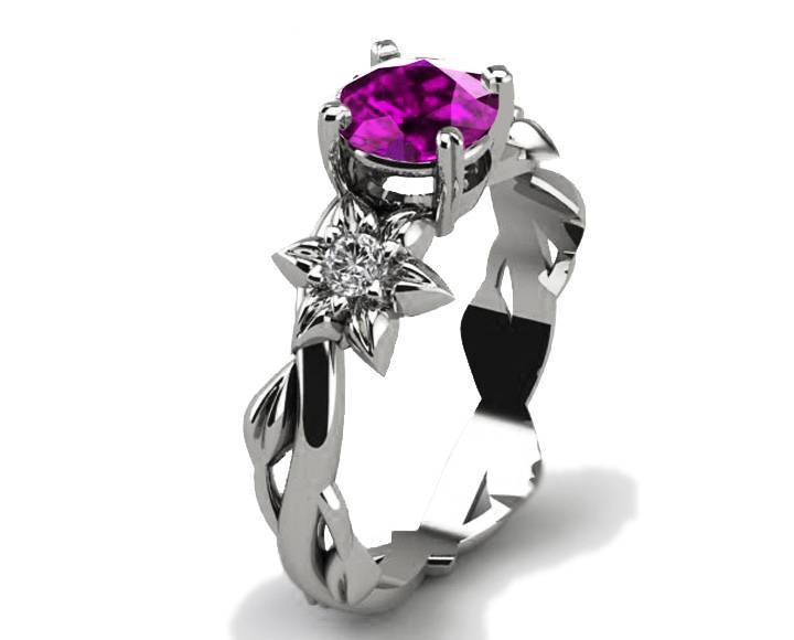 Filigree ring Gold ring Amethyst Ring Art Deco unique Engagement ring Solid Gold Flower design in White gold