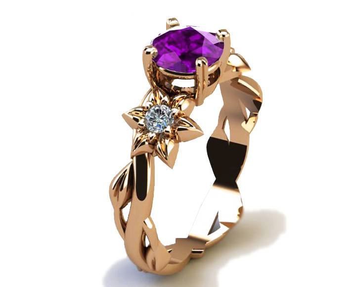 Filigree Mother to bride ring Gold ring Amethyst Ring Art Nouveau unique ring Solid Gold Flower design in Rose gold