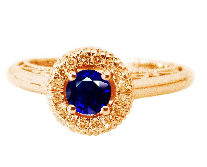 Gold ring Sapphire Ring Halo Engagement Ring 18K Gold with D-E VVS Diamonds