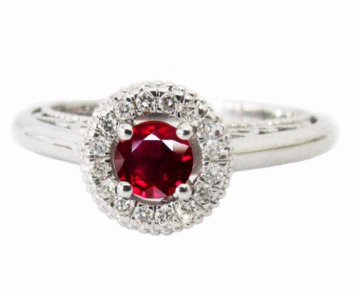 Ruby Filigree Halo Ring, Ruby Engagement Ring, 18K White Gold Ruby Diamond Ring