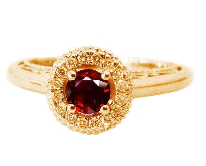 Ruby Filigree Halo Ring, Ruby Engagement Ring, 18K White Gold Ruby Diamond Ring