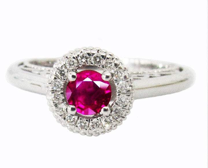 Gold Ring Pink Sapphire Ring Halo Engagement Ring Red color 18K Gold with D-E VVS Diamonds