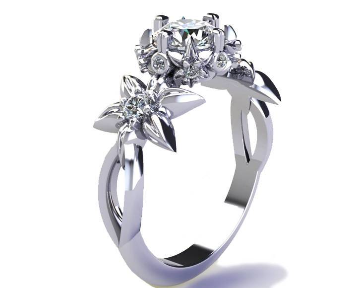 Filigree ring Gold ring Art Nouveau unique Engagement ring Solid Gold Moissanite ring Flower design in White gold