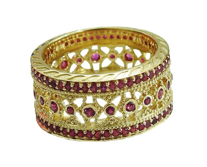 Ruby Milgrain Wide Ring Band Ring Edwardian Eternity Ring Ruby Ring Anniversary Ring Wide Ring 122 stones 18K Yellow gold Anniversary Gift