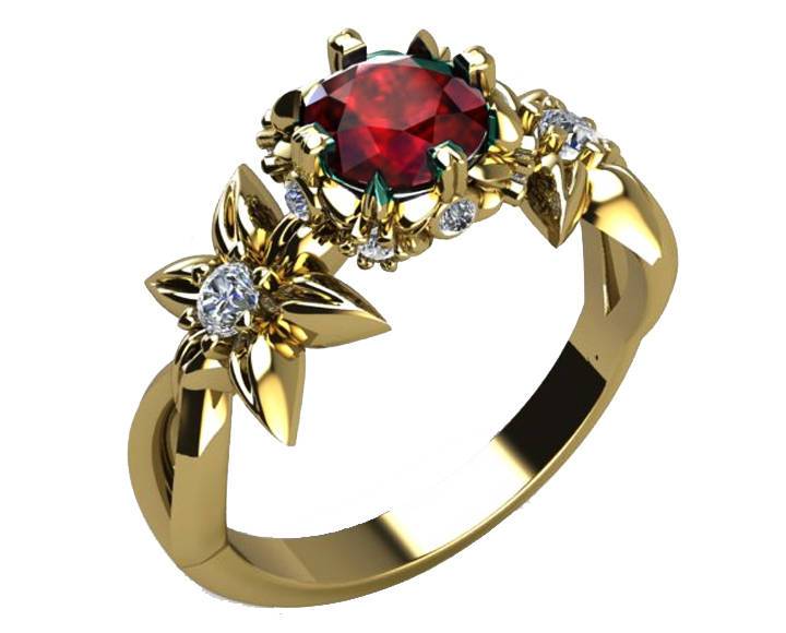 Filigree ring, Gold ring, Mothers day gift, Art Nouveau unique Engagement ring Solid Gold Asian Ruby ring Flower design in Yellow gold