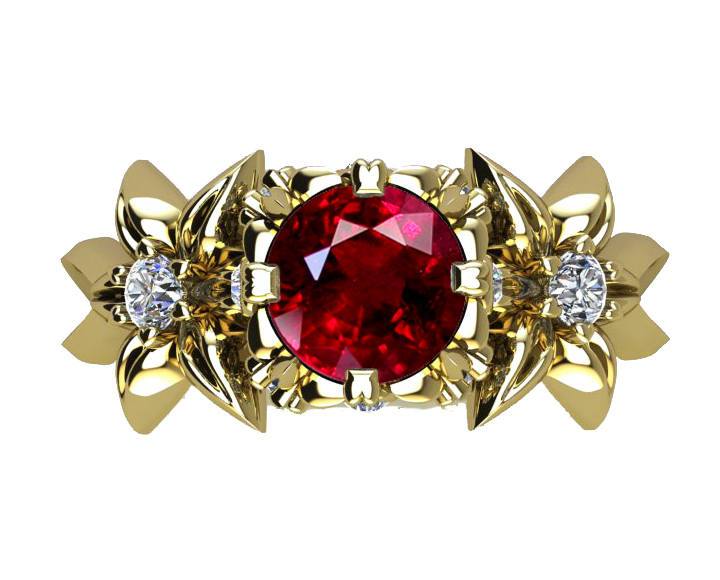 Filigree ring, Gold ring, Mothers day gift, Art Nouveau unique Engagement ring Solid Gold Asian Ruby ring Flower design in Yellow gold