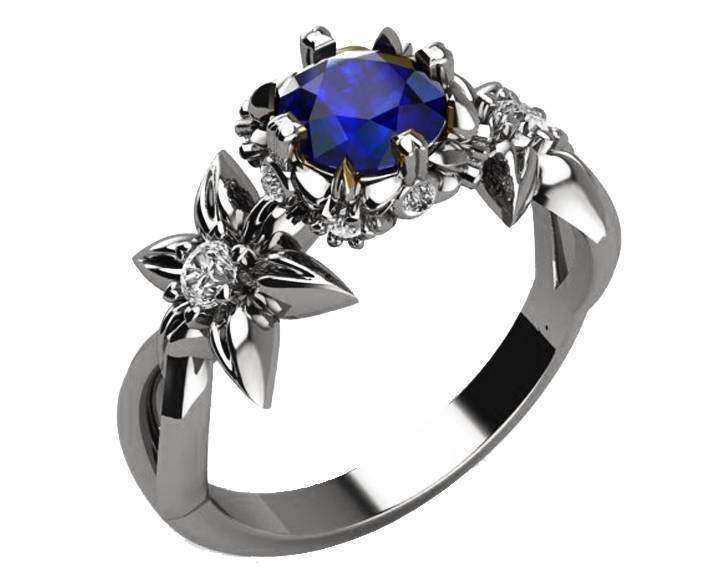 Filigree ring Edwardian Sapphire ring Art Nouveau unique Engagement ring Solid Gold Sapphire ring Flower design in White gold - Lianne Jewelry