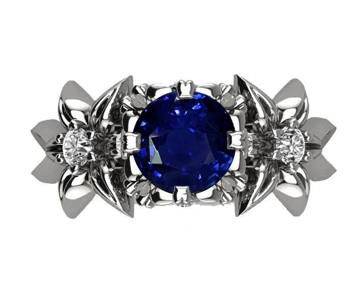 Filigree ring Edwardian Sapphire ring Art Nouveau unique Engagement ring Solid Gold Sapphire ring Flower design in White gold