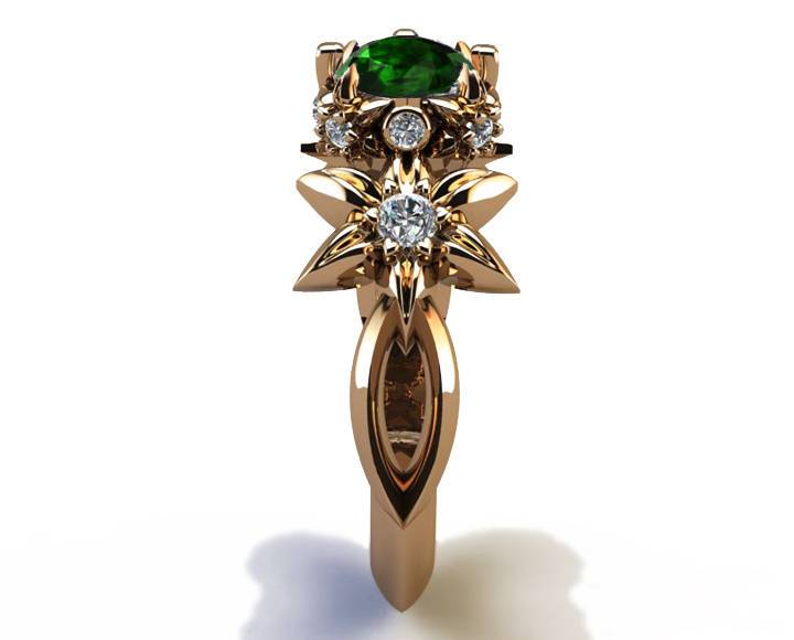 Filigree ring Gold ring Art Nouveau unique Engagement ring Solid Gold Emerald ring Flower design in Rose gold