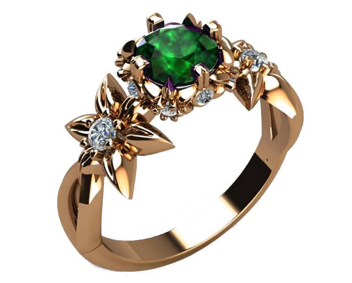 Filigree ring Gold ring Art Nouveau unique Engagement ring Solid Gold Emerald ring Flower design in Rose gold
