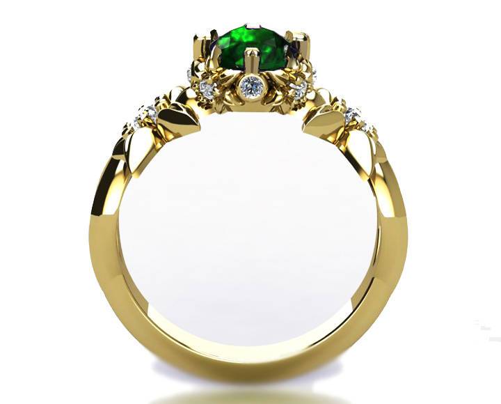 Floral ring leaves ring Art Nouveau unique Engagement ring Solid Gold Emerald ring Flower design in Yellow gold