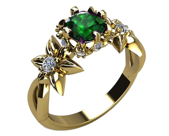 Floral ring leaves ring Art Nouveau unique Engagement ring Solid Gold Emerald ring Flower design in Yellow gold