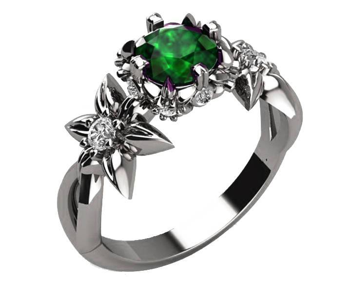 Flower Ring Emerald Filigree ring Gold ring Art Nouveau unique Engagement ring Solid Gold Emerald ring Flower design in White gold