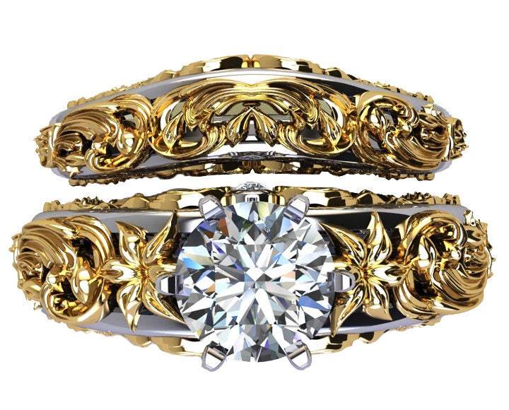 Bridal set Two Tone gold Flower Ring Braided Engraving Trellis Moissanite matching Art Nouveau unique wedding band