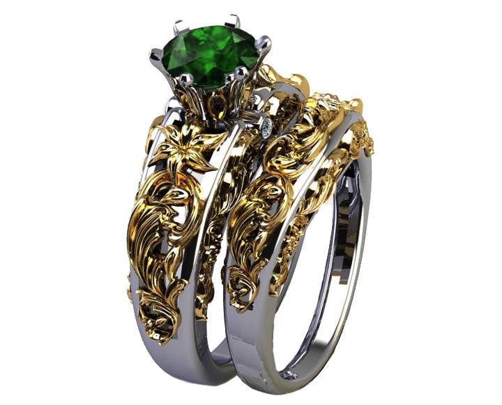 2 Tone Matching Ring Set Filigree Band ring Green Bridal Set Flower Set Ring Milgrain Band Ring Lab Emerald Art Nouveau unique wedding band - Lianne Jewelry