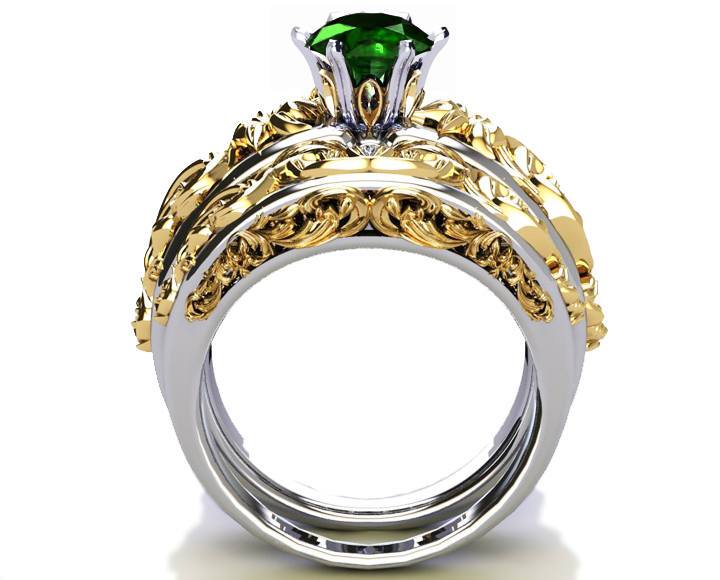 Ring Set Filigree Band 2 Tone Green Bridal Set Flower Set Ring Milgrain Band Ring Lab Emerald Art Nouveau unique wedding band