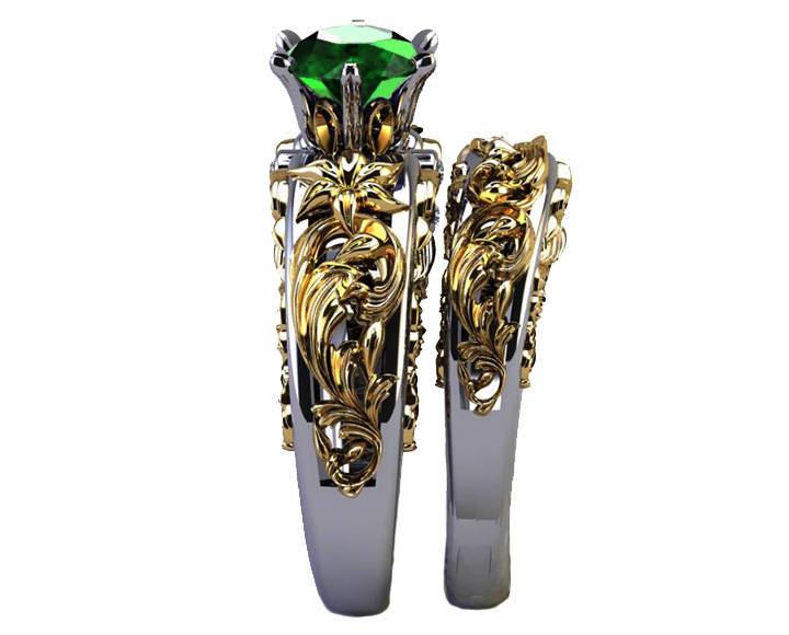 2 Tone Matching Ring Set Filigree Band ring Green Bridal Set Flower Set Ring Milgrain Band Ring Lab Emerald Art Nouveau unique wedding band