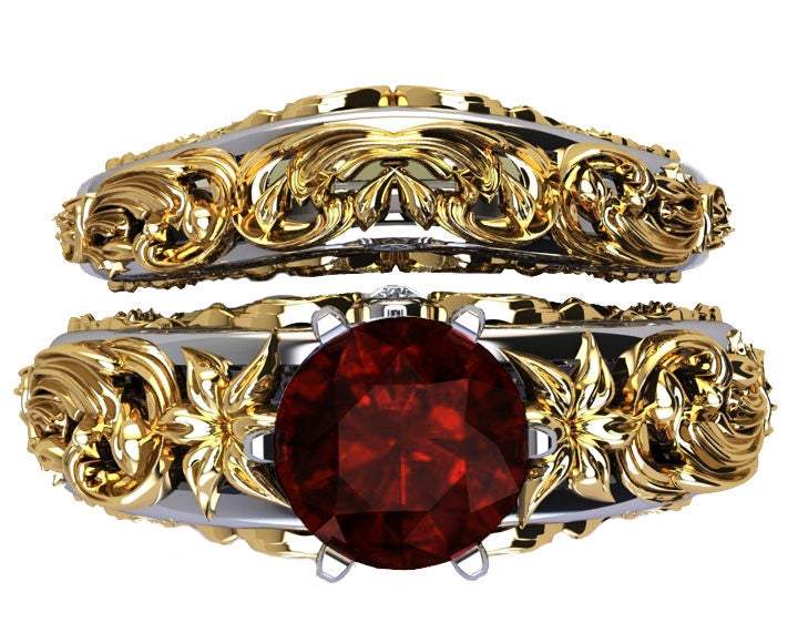 Gold ring Art Nouveau unique Bridal set Two Tone gold Flower Asian Ruby Ring Braided Engraving Trellis Asian Ruby matching wedding band - Lianne Jewelry
