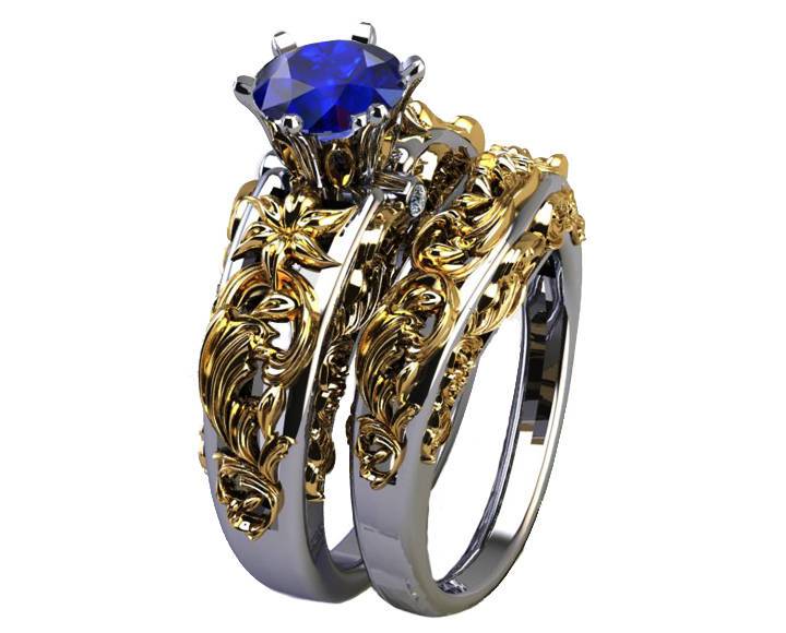 Bridal set Brutalist ring Two Tone Sapphire gold Flower Sapphire Ring  Braided Engraving Trellis Sapphire matching wedding band