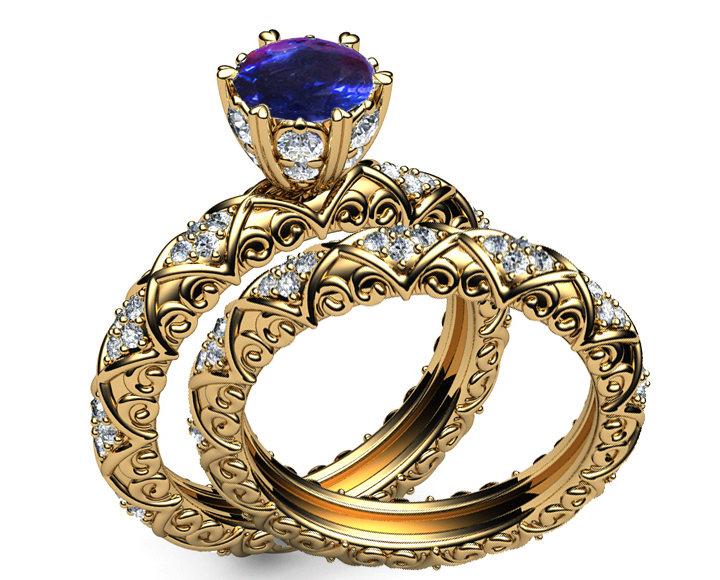 Custom order - Wedding Gift, Unique Bridal set Amethyst & Diamond Braided Pavé Engraving matching wedding band in 14K or 18K Yellow gold - Lianne Jewelry