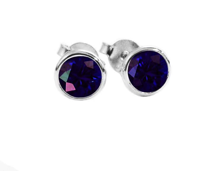 Round Blue Halo Stud Earrings Sapphire Bezel Stud Earrings 14K Gold Earrings 4mm