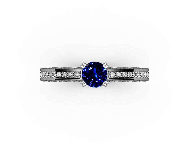 Unique Ring Engagement Ring Diamond Ring Blue Sapphire Bella channel-set pavé half moon trellis crafted in 18K White gold