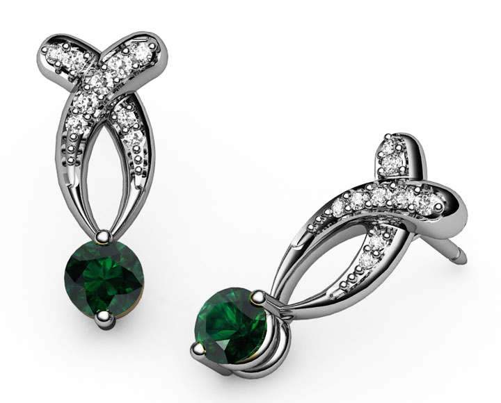 Twisted Earrings Emerald Studs, Bypass Diamond Earrings 14K Gold