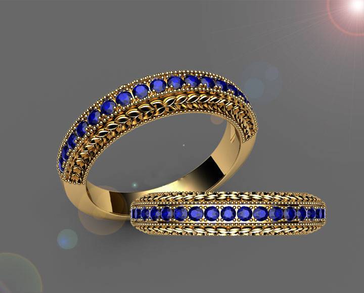 Sapphire Wedding band Half Eternity 17th Anniversary Micro pave 18K White or Yellow gold - Lianne Jewelry